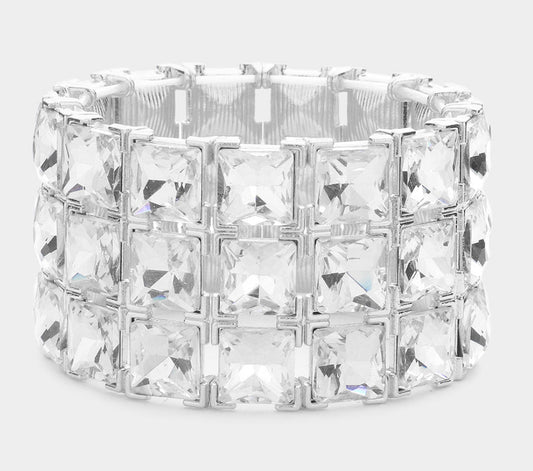 Silver 3ROWS SQUARE STONE STRETCH BRACELET