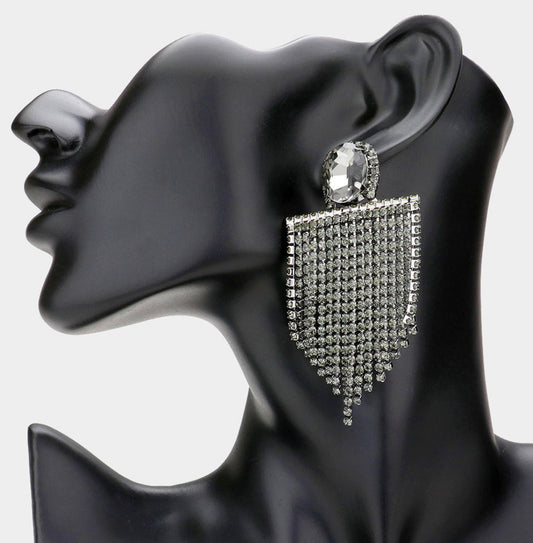 Oval Stone Accented Rhinestone Fringe Dangle Earrings