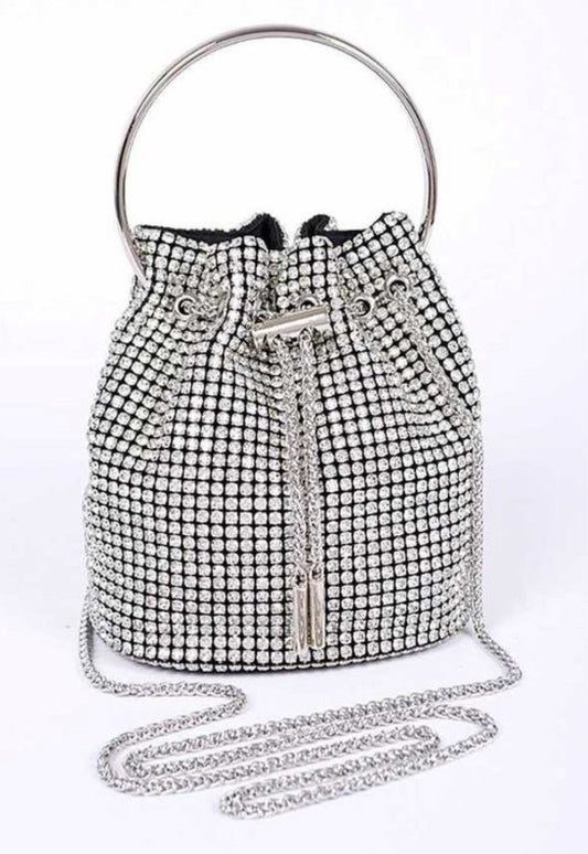 Clear Rhinestone Drawstring Bucket Bag