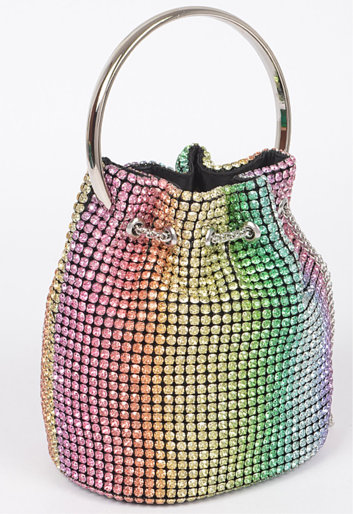 Multi Color Rhinestone Drawstring Bucket Bag