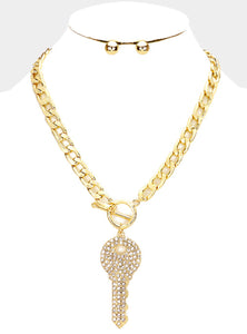 Gold Rhinestone Embellished Key Necklace