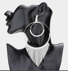Silver Open Metal Circle Rhinestone Fringe Dangle Earrings