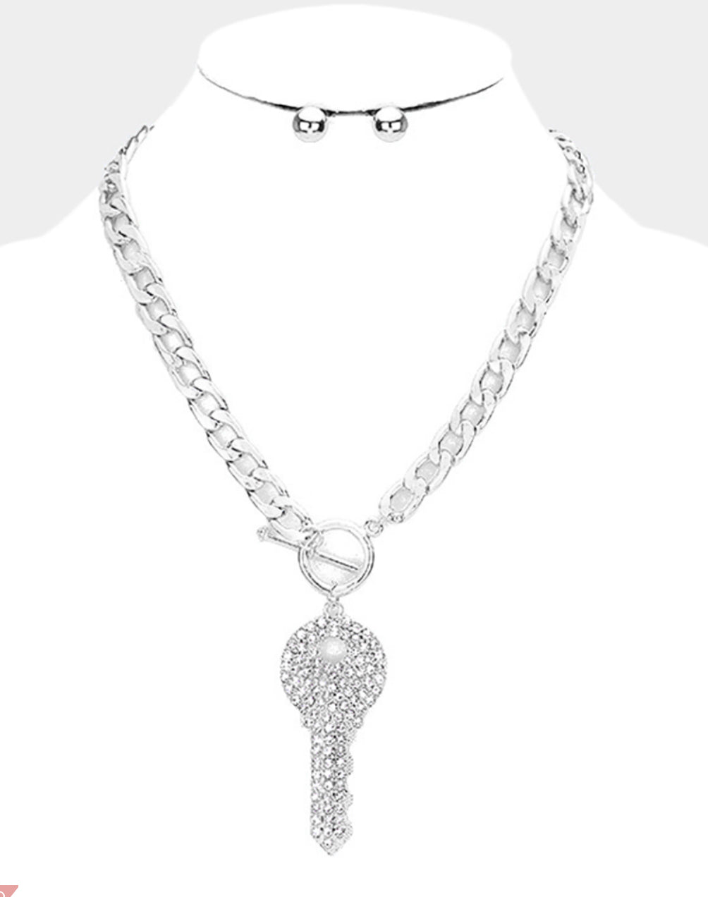 Silver Rhinestone Embellished Key Necklace