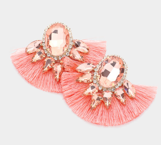 Multi Stone Accented Fan Tassel Earrings