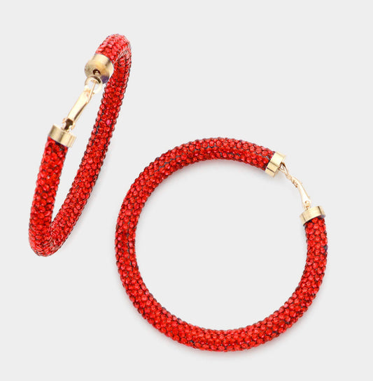 Red Rhinestone Pave Hoop Earrings