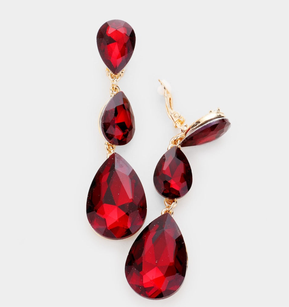 Red Triple Crystal Glass Earrings_Red