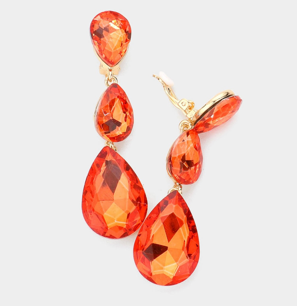 Orange Triple Crystal Glass Earrings