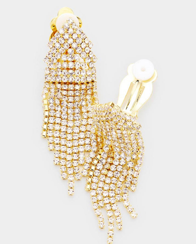 Gold Rhinestone Crystal Fringe Clip On Earrings
