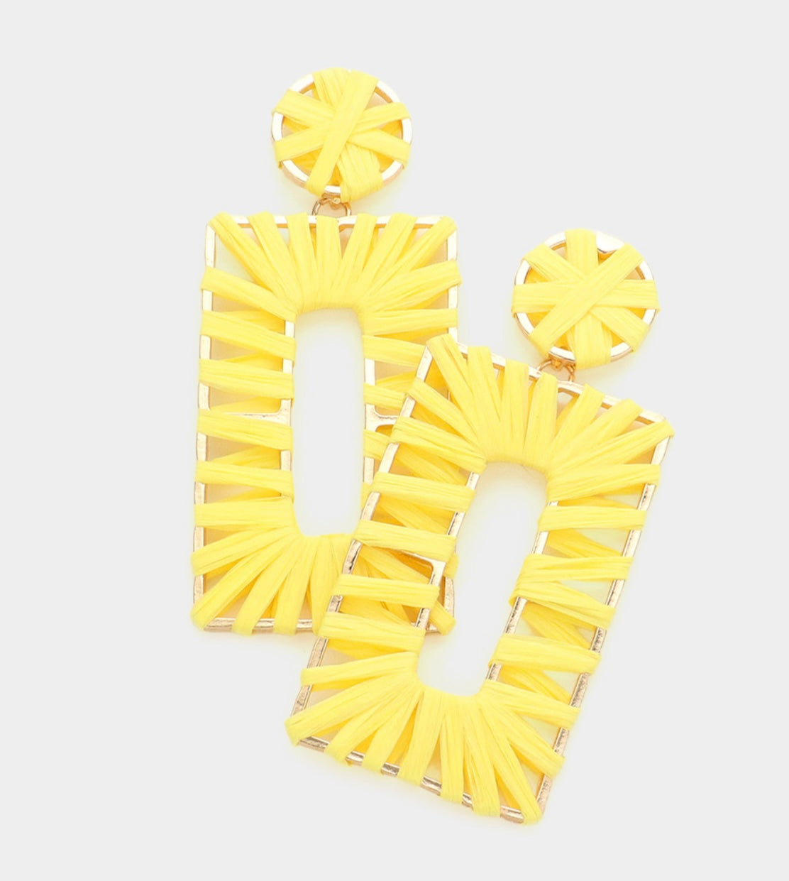 Yellow Raffia Wrapped Open Metal Rectangle Dangle Earrings