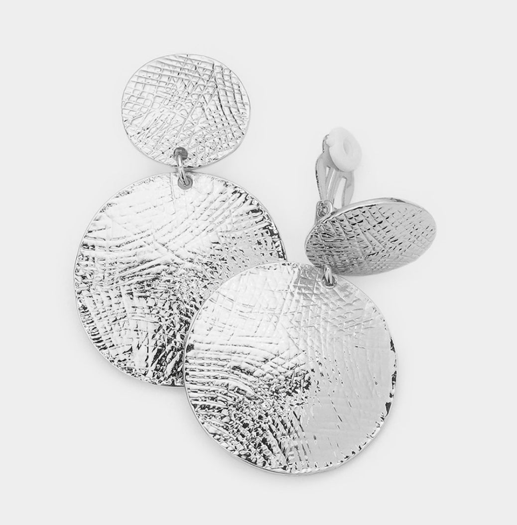 Silver Textured Clip On Earrings