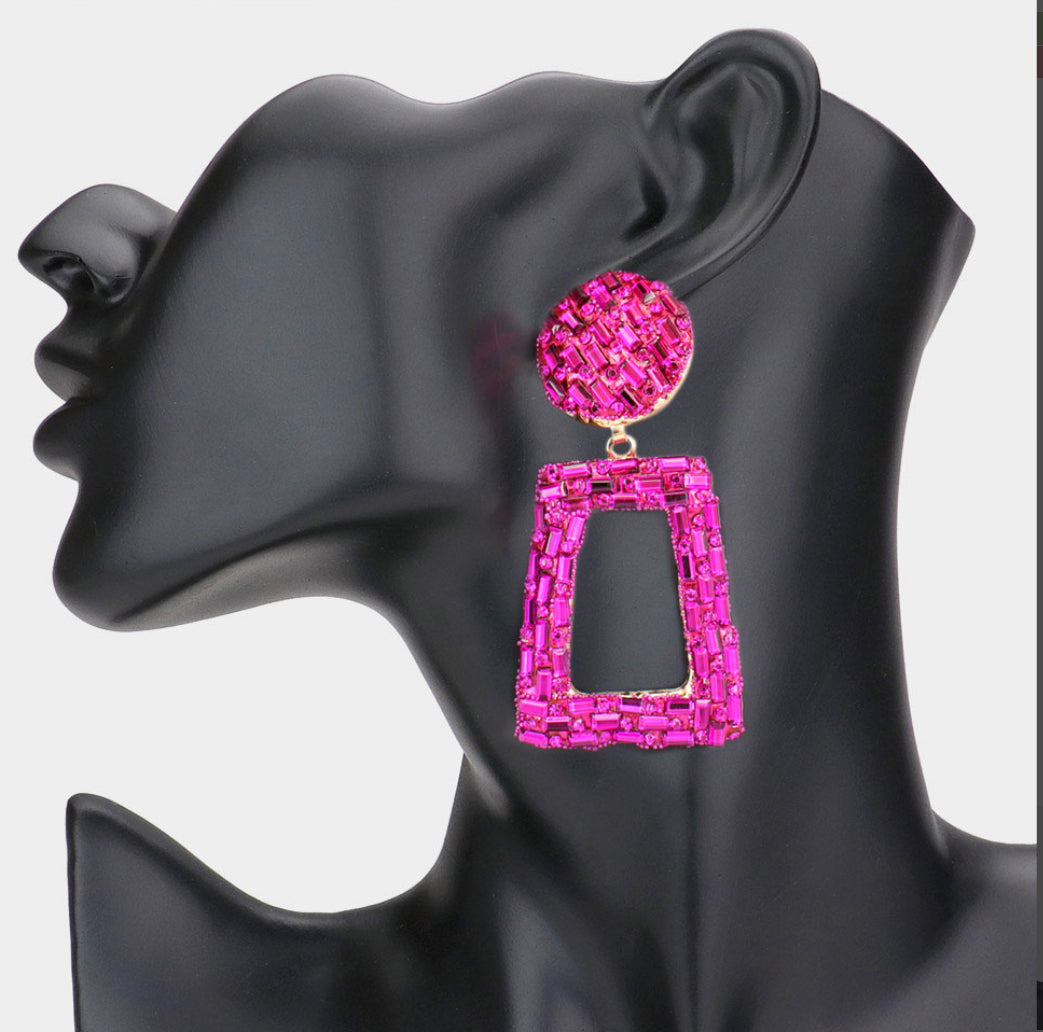 Fuchsia Stone Embellished Chunky Open Rectangle Dangle